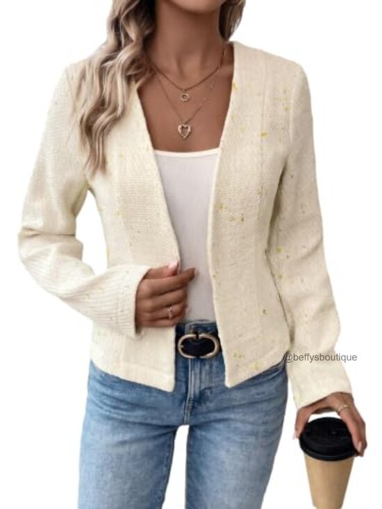 Jackets & Blazers - Collarless Open Front Fitted Tweed Blazer Jacket Fully Lined Casual Work Coat